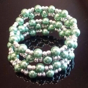 Green Glass Pearl Wrap Cuff Bracelet